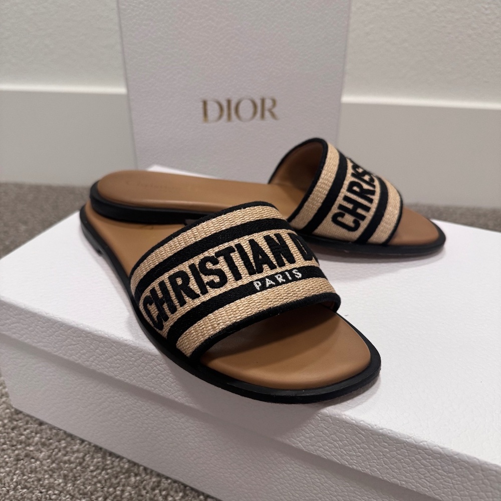 Christian Dior Dway Slide Natural Raffia and Black Embroidered Cotton Slides